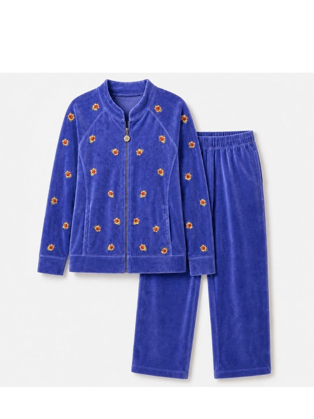 Quacker Factory Embroidered Sunflower Velour Jacket & Pants Set Lg Blue-Violet